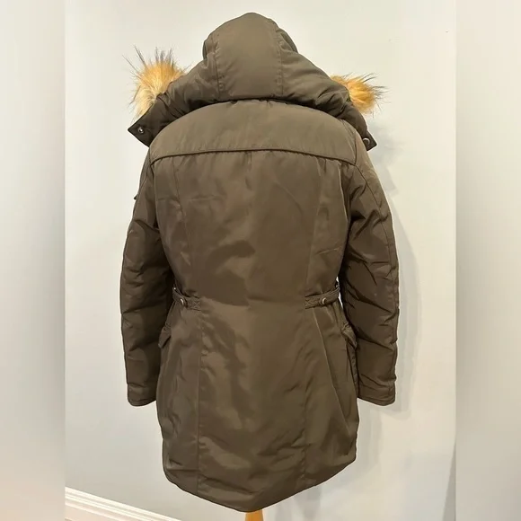 Andrew Marc New York Full Zip Faux Fur Down Feather Hooded Olive Puffer Coat - Picture 2 of 9
